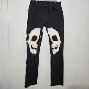 Mnml Black Jeans Skull On Legs Raw Edges And Hem Waist 31"